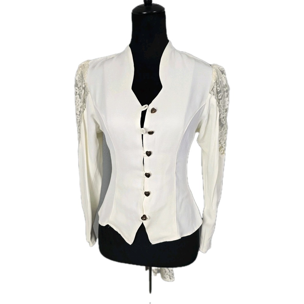 Vintage Victorian Lace Peplum Blouse Womens XS/S Cream Boho Bridal Romantic - Picture 2 of 13